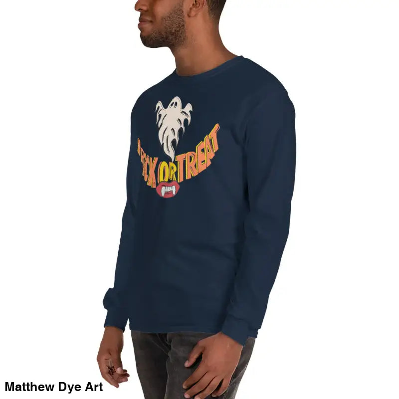 Navy long-sleeved Halloween shirt featuring a Ghostly Grin for spooktacular comfort
