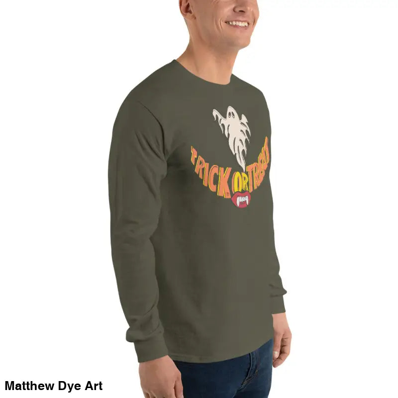 Olive green long-sleeved shirt with Halloween graphic for spooktacular comfort unisex