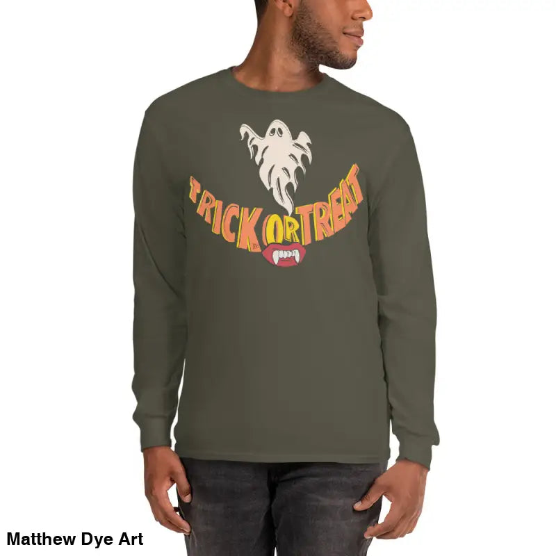 Olive green long-sleeved shirt with Halloween graphic for spooktacular comfort unisex wear