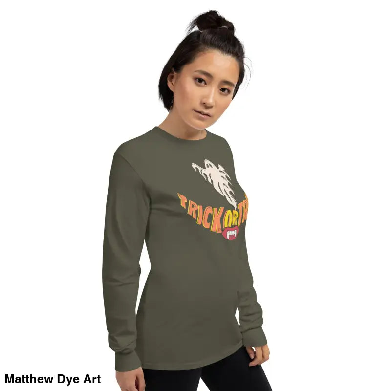 Olive green long-sleeved shirt featuring Halloween graphic for spooktacular comfort unisex