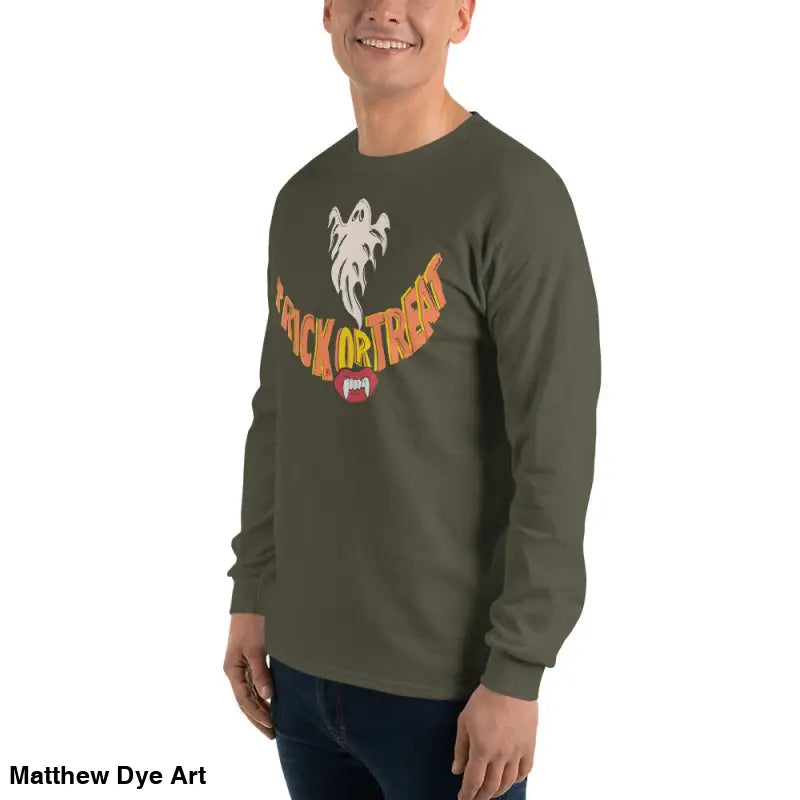 Olive green unisex long-sleeved shirt featuring Halloween graphic for spooktacular comfort