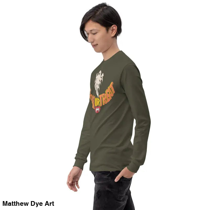 Olive green long-sleeved shirt offering spooktacular comfort for Halloween festivities
