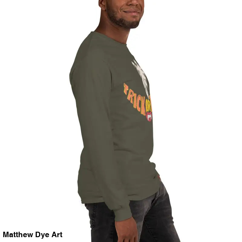 Olive green long-sleeve shirt for spooktacular comfort, featuring vampire fangs design