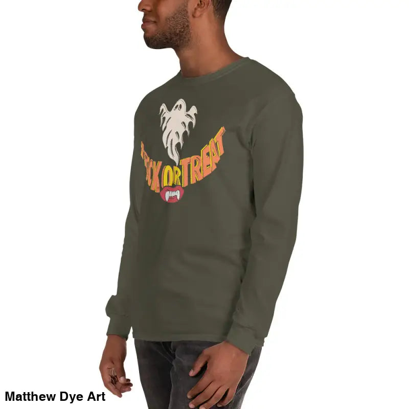 Olive green long-sleeved shirt from Ghostly Grin for spooktacular comfort unisex wear