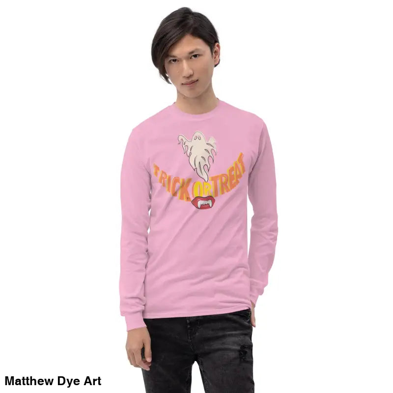 Pink long-sleeved Halloween shirt offering spooktacular comfort for unisex style