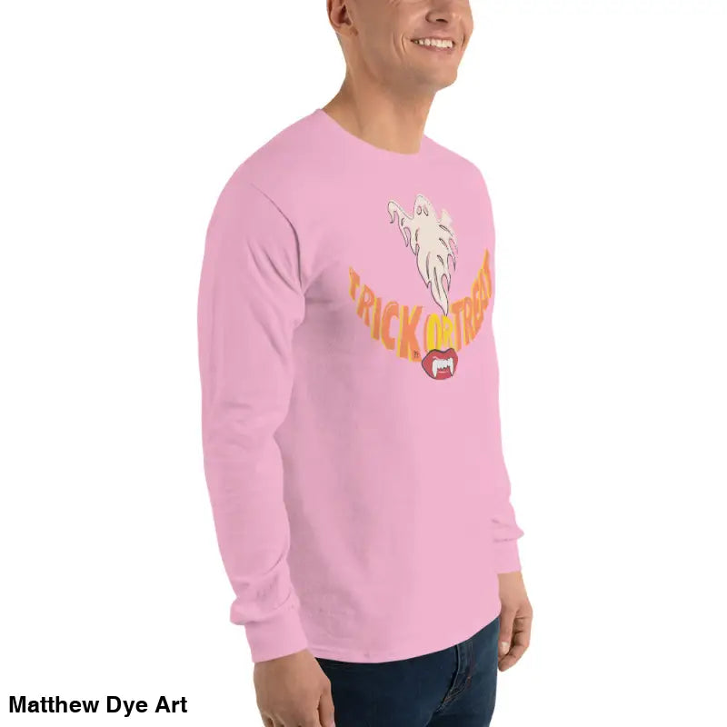 Pink long-sleeved shirt from Ghostly Grin offers spooktacular comfort unisex style