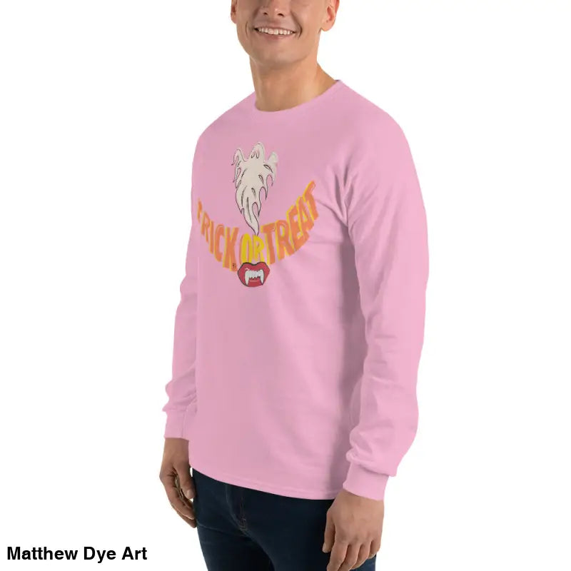 Pink long-sleeved shirt from Ghostly Grin offering spooktacular comfort unisex style