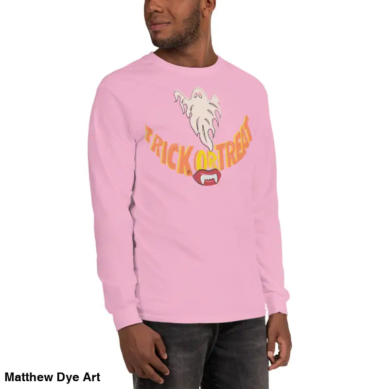Pink long-sleeved Halloween shirt offering spooktacular comfort for trick-or-treating