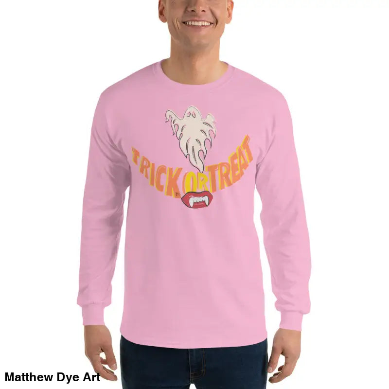 Pink long-sleeved shirt featuring a Halloween graphic for spooktacular comfort unisex wear