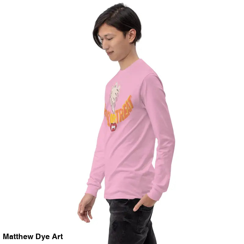 Pink long-sleeved shirt from Ghostly Grin offering spooktacular comfort unisex style