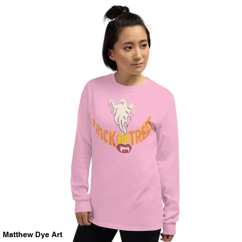 Pink long-sleeved Ghostly Grin Tee offers spooktacular comfort for Halloween fun