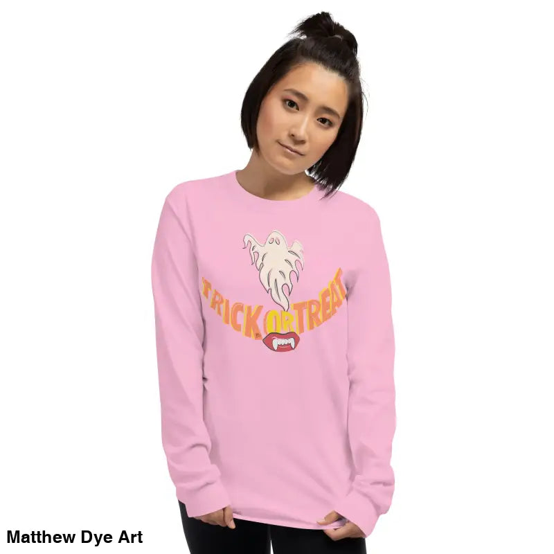 Pink long-sleeved Halloween shirt offering spooktacular comfort for Trick-or-Treat fun