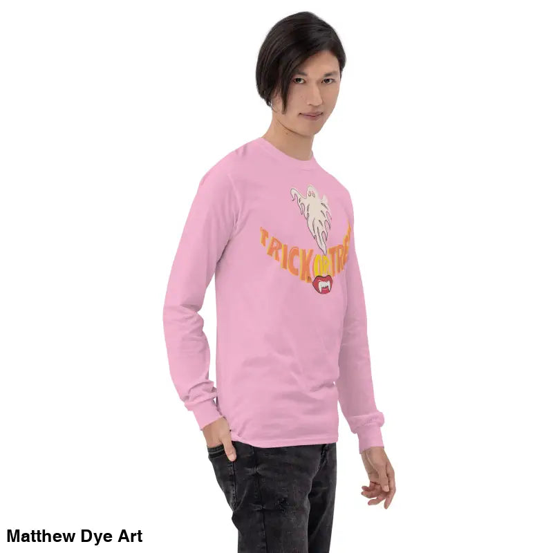 Pink long-sleeved shirt featuring Halloween graphic for spooktacular comfort unisex wear