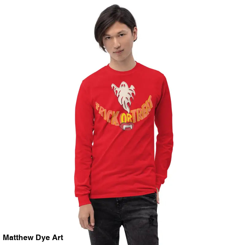Red long-sleeved Halloween shirt featuring vampire fangs for spooktacular comfort unisex