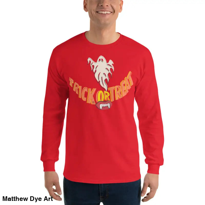 Red long-sleeved Halloween shirt featuring vampire fangs for spooktacular comfort unisex
