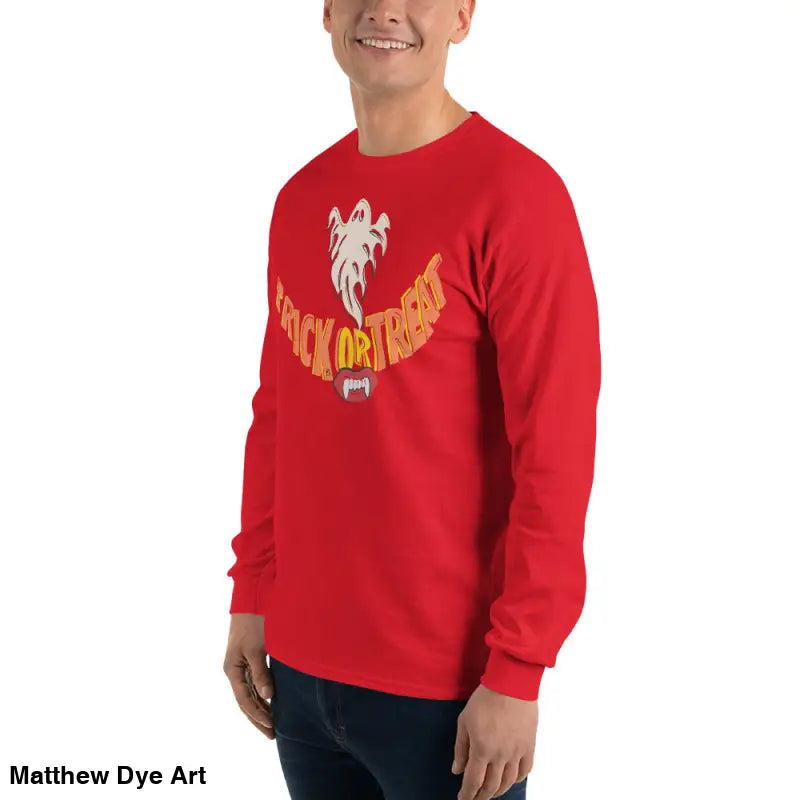 Red long-sleeved Halloween shirt for spooktacular comfort unisex featuring vampire fangs