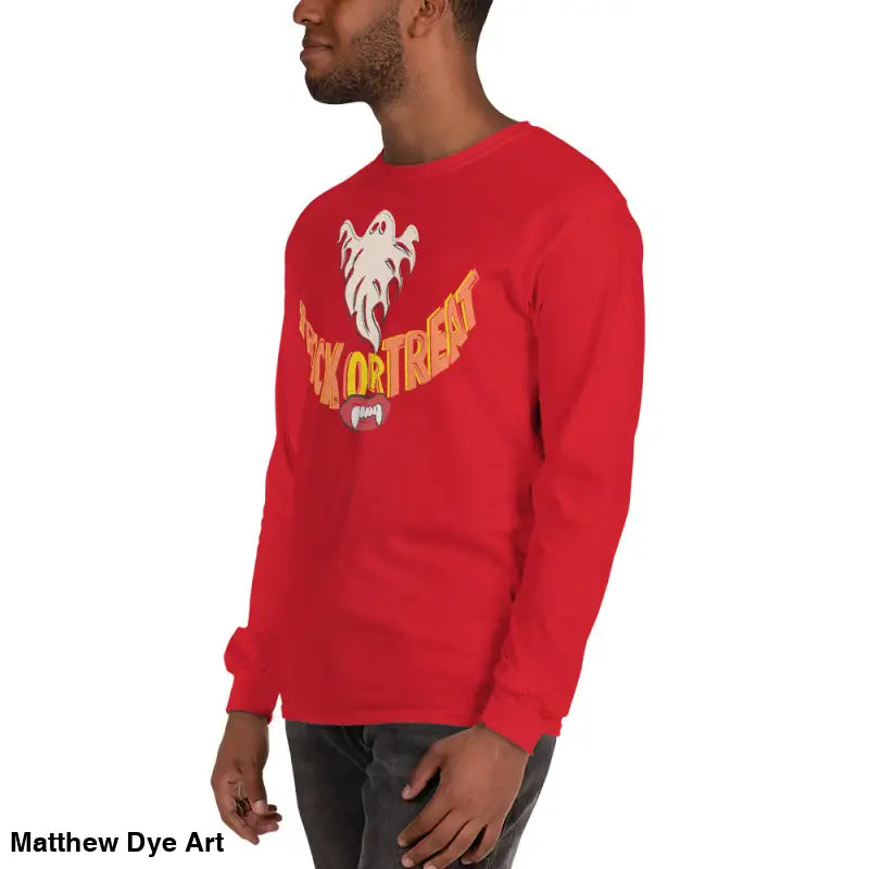 Red long-sleeved Halloween shirt offering spooktacular comfort for festive celebrations