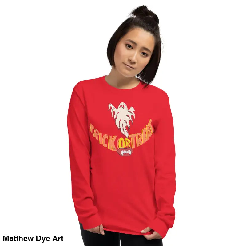 Red long-sleeved Halloween shirt for spooktacular comfort featuring vampire fangs design