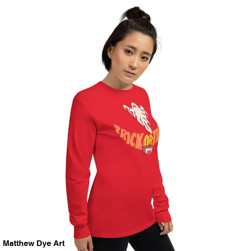 Red long-sleeved Halloween shirt featuring vampire fangs for spooktacular comfort unisex