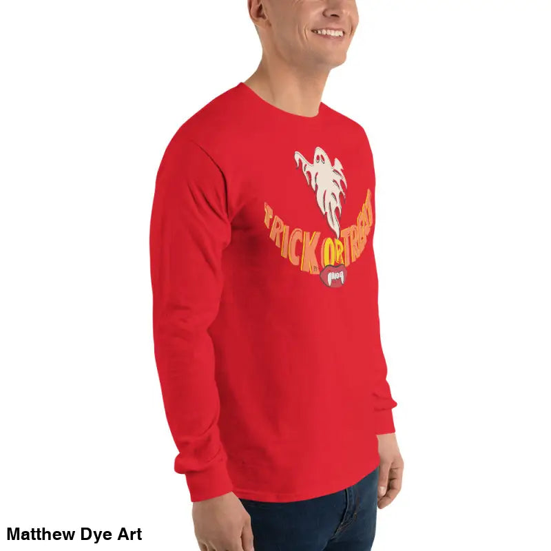 Red long-sleeved Halloween shirt featuring vampire fangs for spooktacular comfort unisex