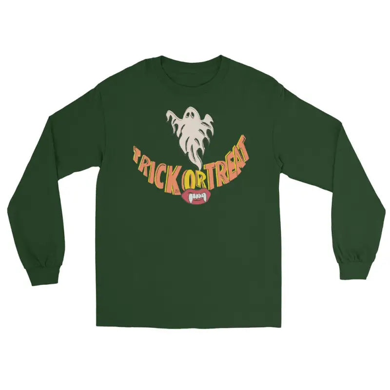 Green long-sleeved Ghostly Grin tee offers spooktacular comfort for Halloween fun