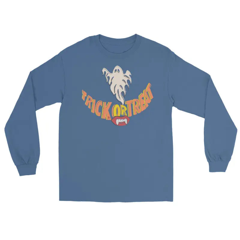 Blue long-sleeved Ghostly Grin Tee offers spooktacular comfort for Halloween enthusiasts