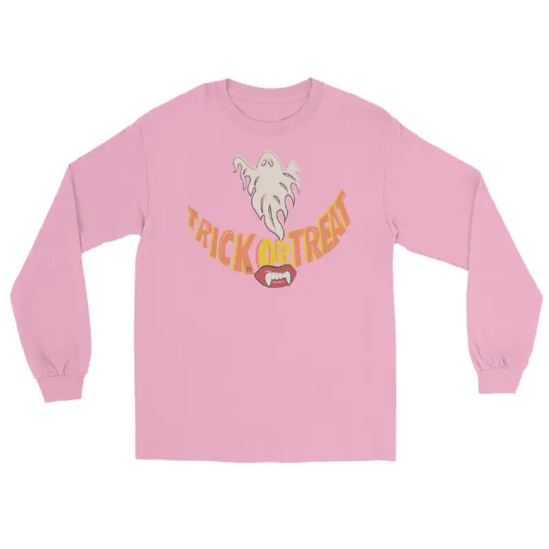 Pink long-sleeved Ghostly Grin tee offers spooktacular comfort for Halloween festivities