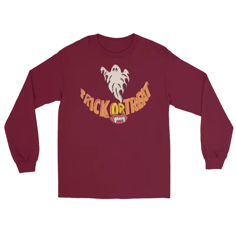 Maroon long-sleeved Halloween shirt offering spooktacular comfort for all trick-or-treaters