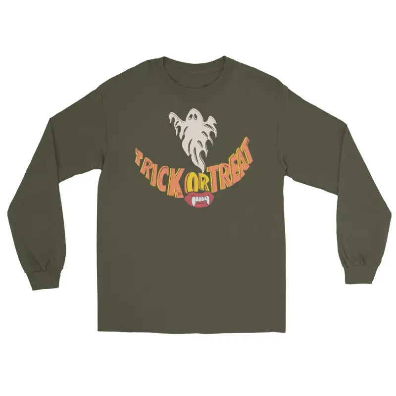 Olive green long-sleeved Ghostly Grin tee offers spooktacular comfort for Halloween