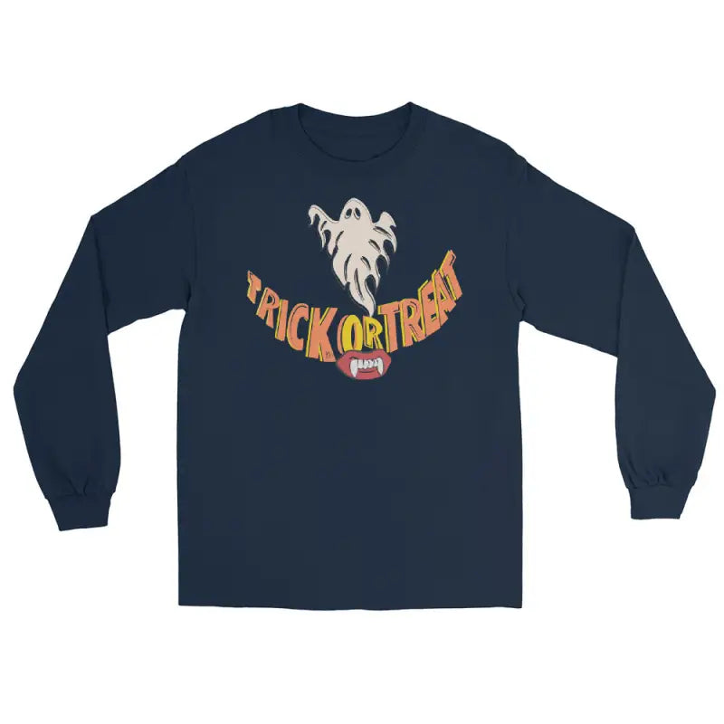 Navy blue long-sleeved Halloween shirt offering spooktacular comfort for all