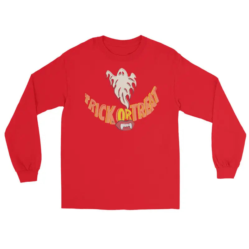 Red long-sleeved Halloween shirt featuring a ghostly grin for spooktacular comfort unisex wear