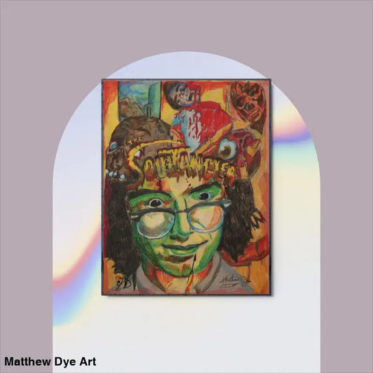 Artistic portrait by Matthew Dye featuring green-tinted glasses and curly hair in captivating metal print