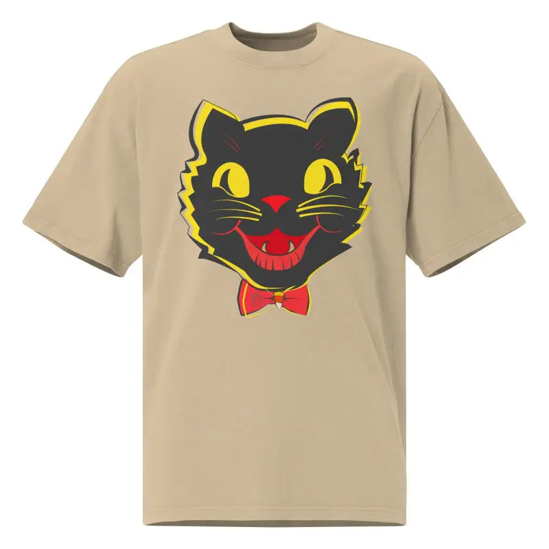 Tan oversized faded t-shirt featuring a black cat graphic from Grinning Ghoul collection