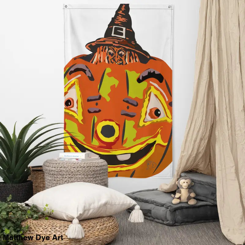 Halloween pumpkin witch tapestry featuring whimsical vintage pumpkin design by Matthew Dye Art
