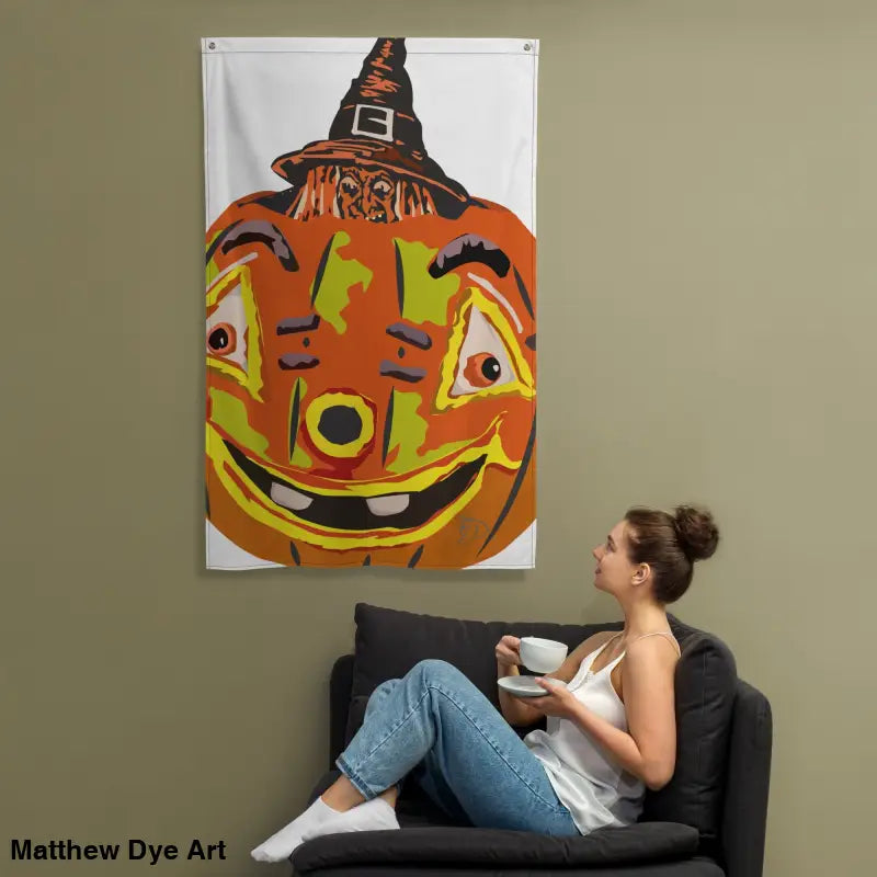 Haunted Harvest wall tapestry featuring whimsical vintage pumpkin witch art by Matthew Dye