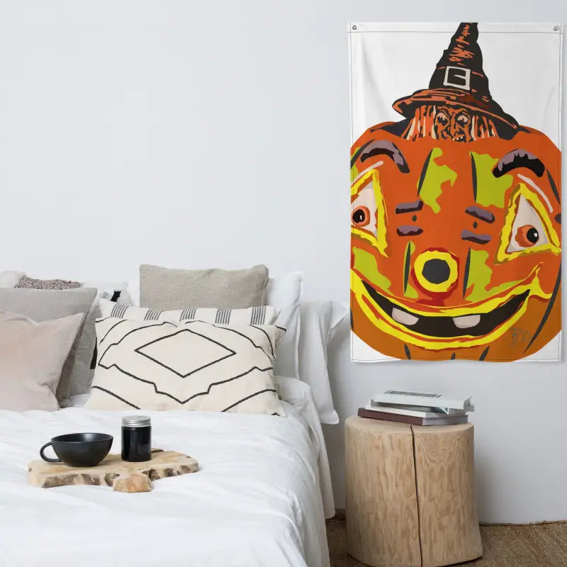 Whimsical vintage pumpkin wall tapestry featuring Matthew Dye Art for Halloween decor