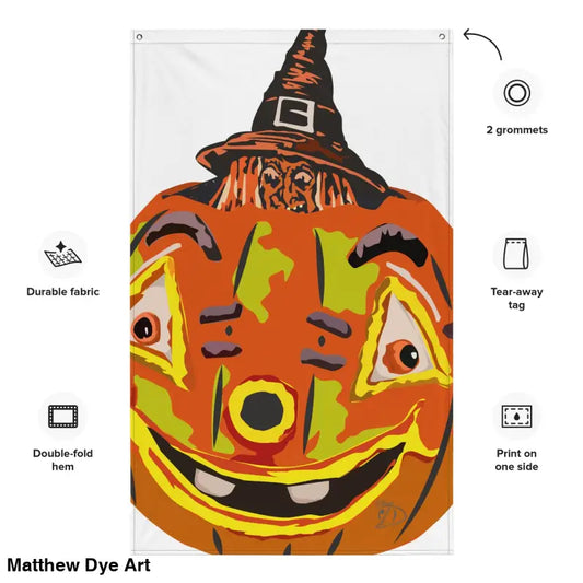 Vintage Pumpkin Witch flag featuring whimsical design by Matthew Dye Art for Halloween decor