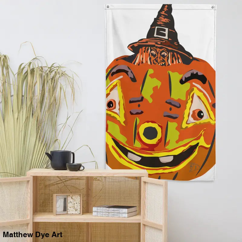 Halloween pumpkin wall hanging featuring whimsical vintage pumpkin witch design by Matthew Dye Art