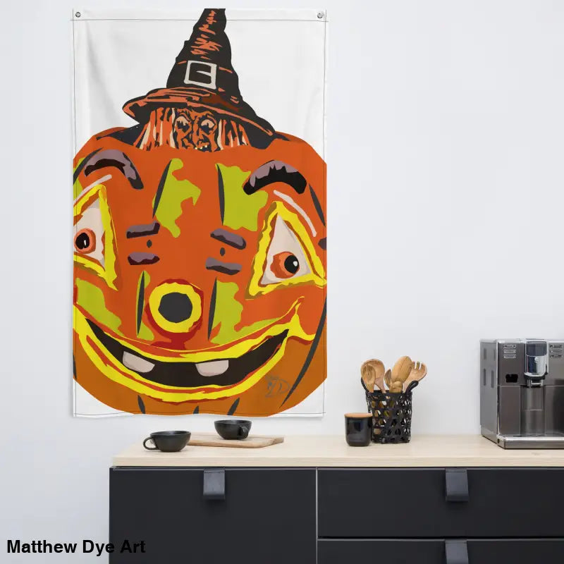 Halloween-themed wall tapestry featuring a whimsical vintage pumpkin witch design