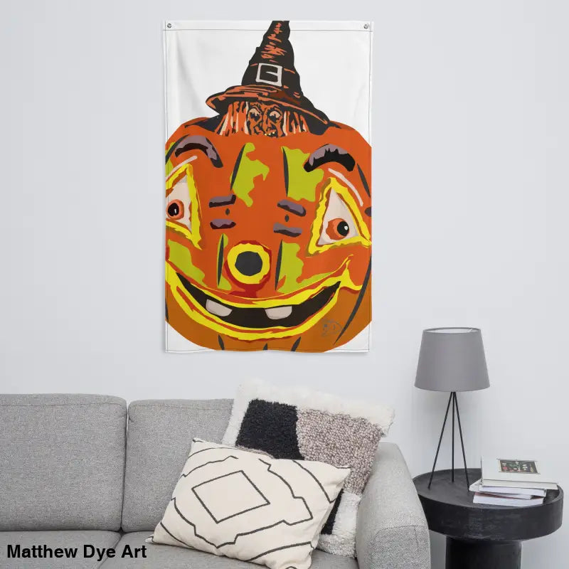 Whimsical Vintage Pumpkin tapestry featuring Matthew Dye art in Haunted Harvest design