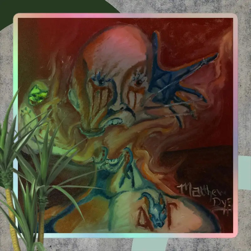 Abstract artwork with swirling organic shapes in green, blue, and reddish tones for Haunted Holographic Stickers