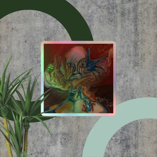 Abstract fluid art featuring swirling blues and greens in Haunted Holographic Stickers