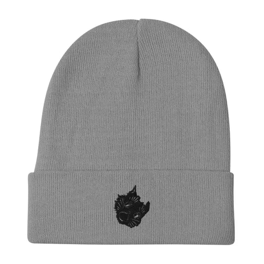 Gray knit beanie featuring spooky cat embroidered design from Hexed & Headstrong