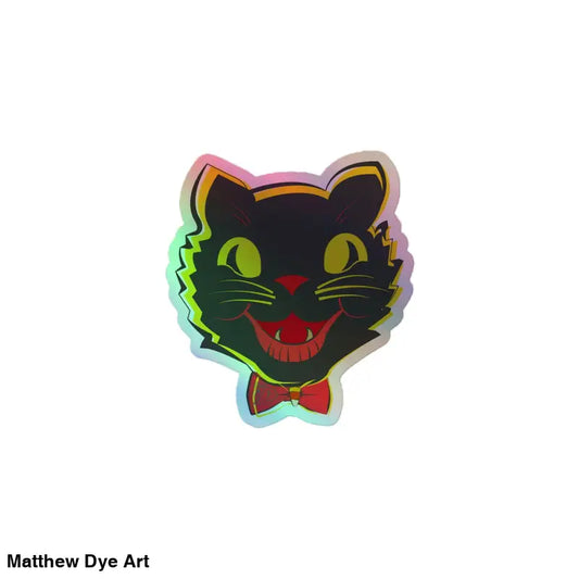 Holographic sticker of black cat face by Matthew Dye art featuring green eyes and bow tie