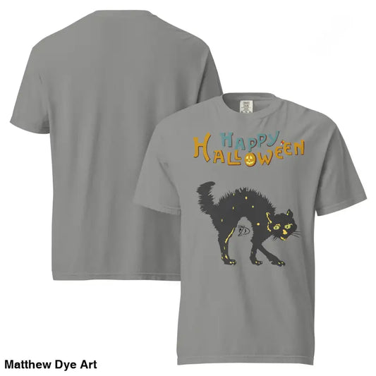 Gray Halloween essential vintage unisex t-shirt featuring a happy Halloween spooky cat design