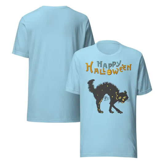 Light blue Halloween unisex t-shirt featuring a scary cat design for whimsical dreams