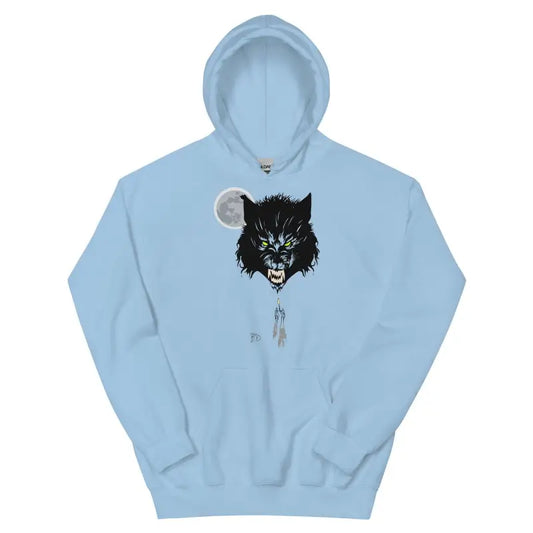 Light blue cozy go-to hoodie featuring a wolf and moon design, offers a fabric caress