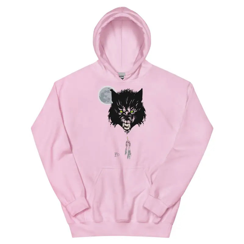 Pink cozy go-to hoodie featuring a fierce black wolf with moon and feathers design