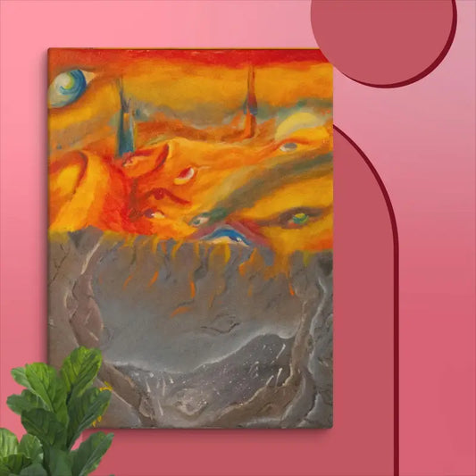 Abstract surrealist canvas art featuring swirling orange, gray, and blue tones