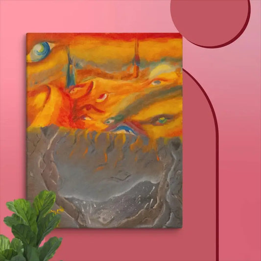 Abstract painting of vibrant orange and gray patterns in Above the Shadows canvas art